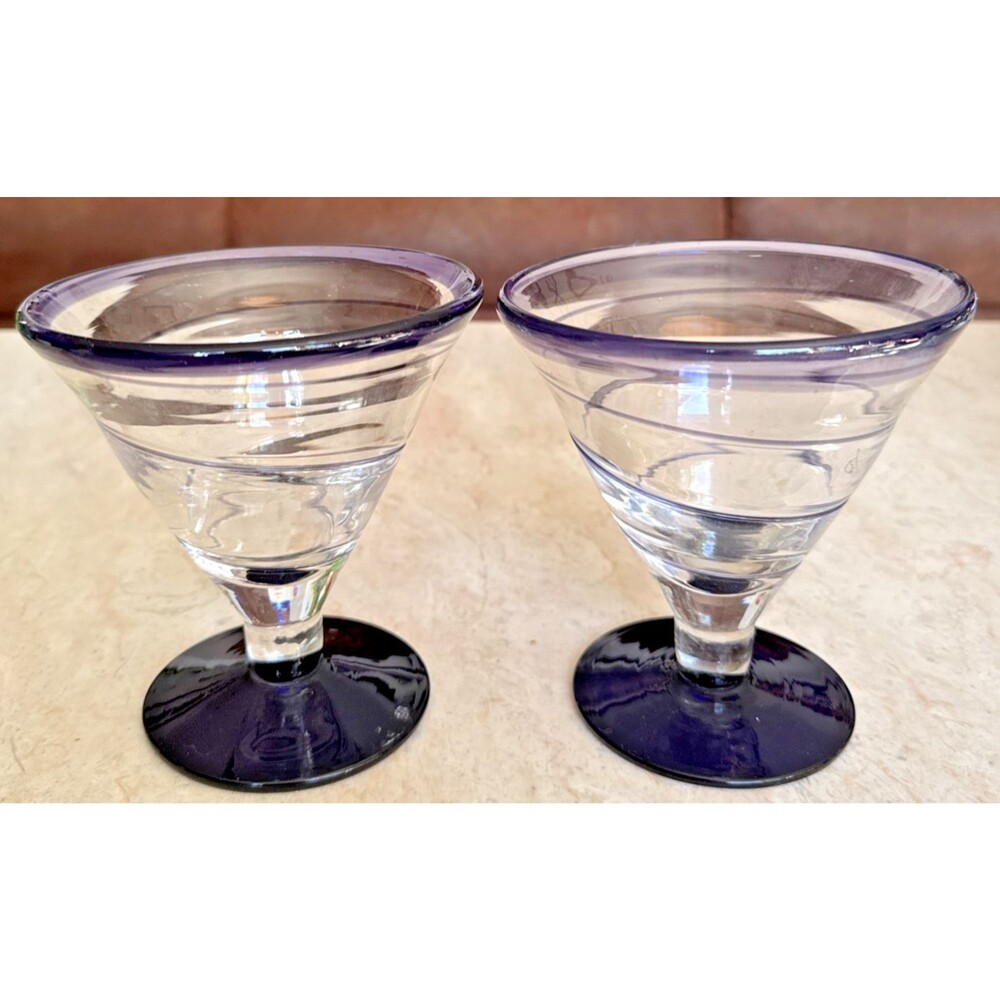 KOSTA BODA Pair Royal Caribbean Handblown Margarita Martini Glass Cobalt Blue
